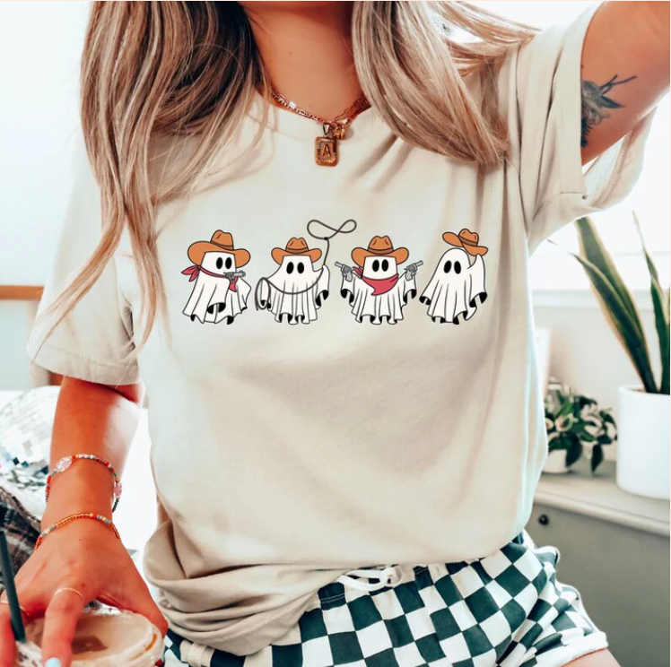 Four Cowboy Ghosts... - Real Glitter - Halloween - Fall -T-Shirt