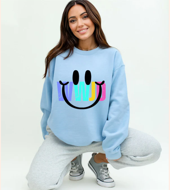 WWJD Smiley - Real Glitter - Faith - T-Shirt Crewneck Sweatshirt Hoodie