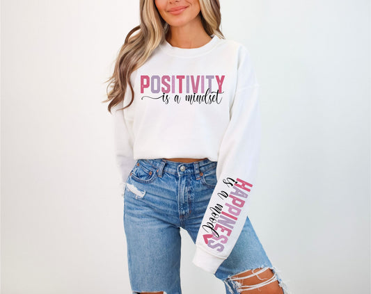 Happiness is a Mood on chest w/ sleeve that says Positivity is a mindset (opposite of picture)- Real Glitter- New arrival