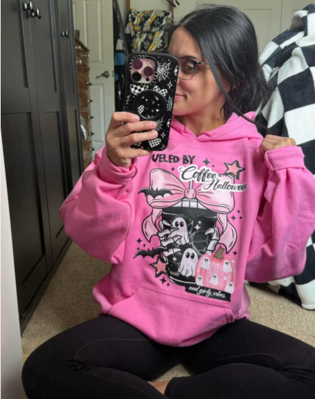 Fueled By Coffee Halloween and Girly Vibes - Real Glitter- Fall - Halloween - New Arrival T-Shirt, Crewneck Sweatshirt, Hoodie