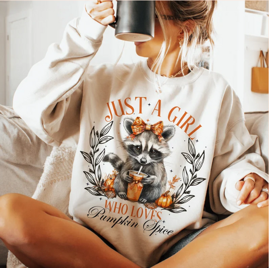 Just a girl who loves pumpkin spice -Raccoon - Real Glitter - Fall - Halloween - New Arrival