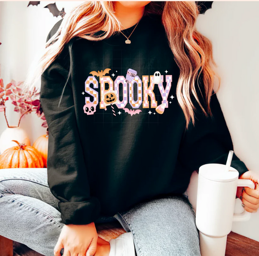 Checkered Spooky - Real Glitter - Halloween - Fall - New Arrival - T-Shirt, Crewneck Sweatshirt, Hoodie