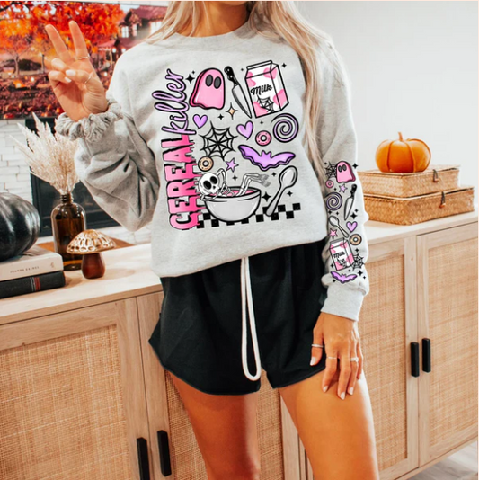 Cereal Killer with Sleeves - Crewneck Sweatshirt or Hoodie- Halloween - Fall - Real Glitter - New Arrival