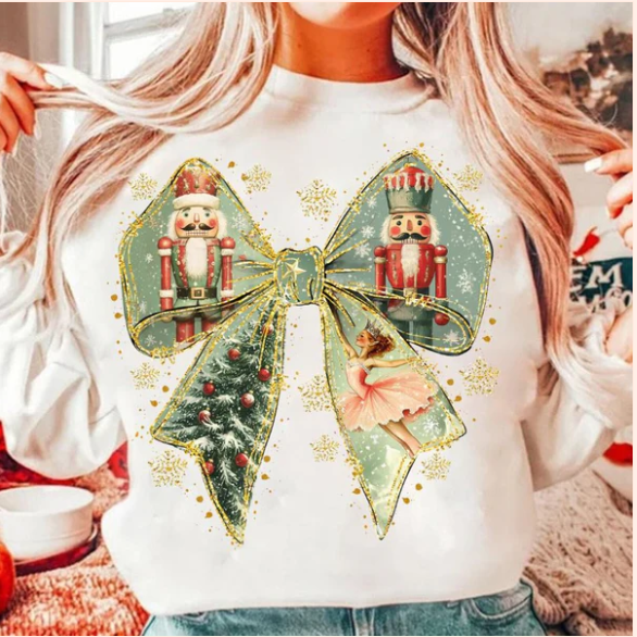 Nutcracker Bow T-Shirt- Crewneck Sweatshirt- Hoodie - Real Glitter - Christmas - New Arrival