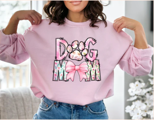 Dog Mom with Paw- Pink - Real Glitter- T-Shirt - Crewneck Sweatshirt - Hoodie - New Arrival