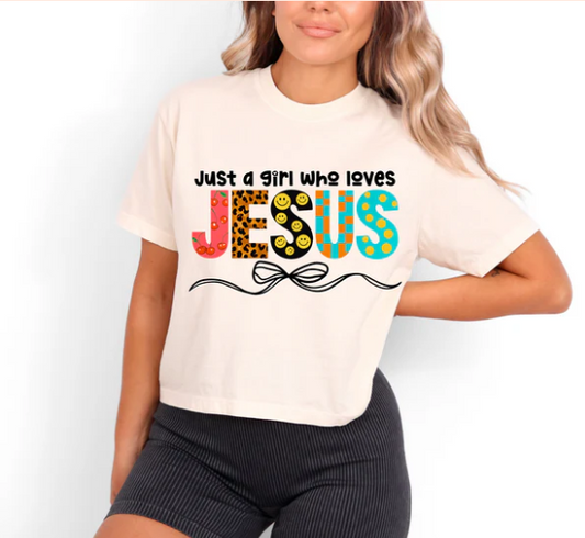 Just a Girl Who Loves Jesus T-Shirt – Colorful Christian Real Glitter| Faith-Based Boutique Apparel | Smiley Face & Bow Design | New Arrival