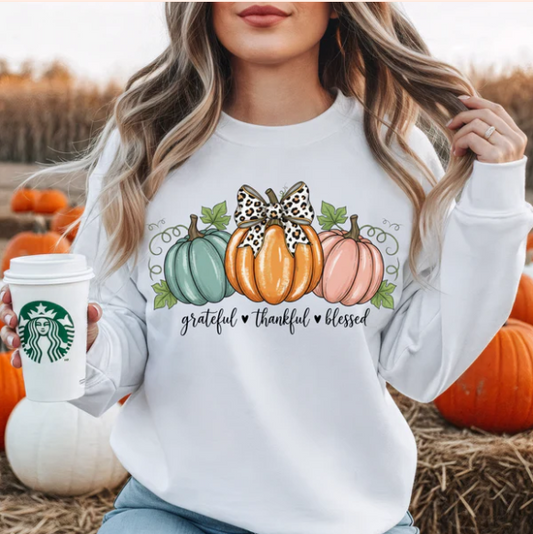 Grateful Thankful Blessed Pumpkin | Real Glitter | Sweatshirt | T-shirt | Hoodie – Fall Christian Apparel | Leopard Bow Autumn Crewneck | Faith-Inspired Boutique Clothing | New Arrival | Best Seller