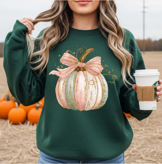 Pastel Pumpkin Bow | Real Glitter | T-Shirt | Sweatshirt | Hoodie | Elegant Fall Boutique Apparel | New Arrival | Best Seller