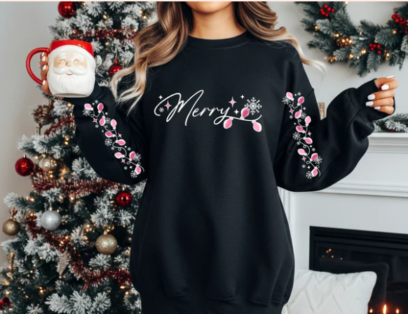 Merry Christmas Lights with Sleeves | Real Glitter | Crewneck Sweatshirt | Sweatshirt – Pink Holiday Boutique Apparel | Festive Winter Crewneck | Cozy Christmas Clothing Wholesale | New Arrival