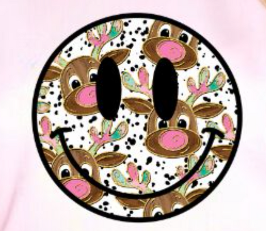Reindeer Smiley - Real Glitter - Christmas - Holidays - T-Shirt - Crewneck Sweatshirt - Hoodie