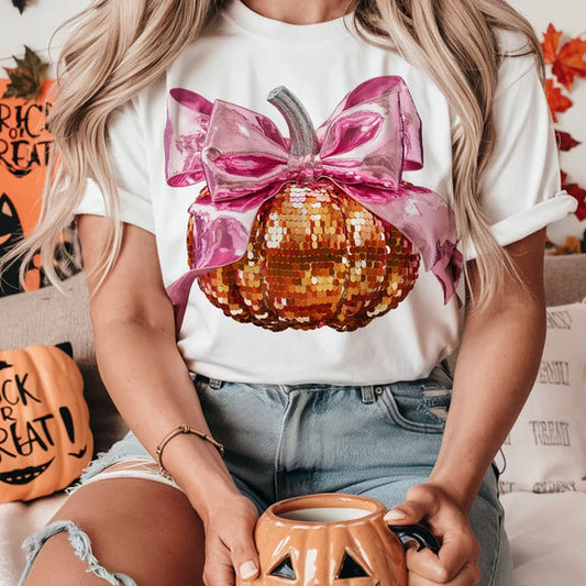 Fall - Pumpkin with big pink bow faux sequin - real glitter