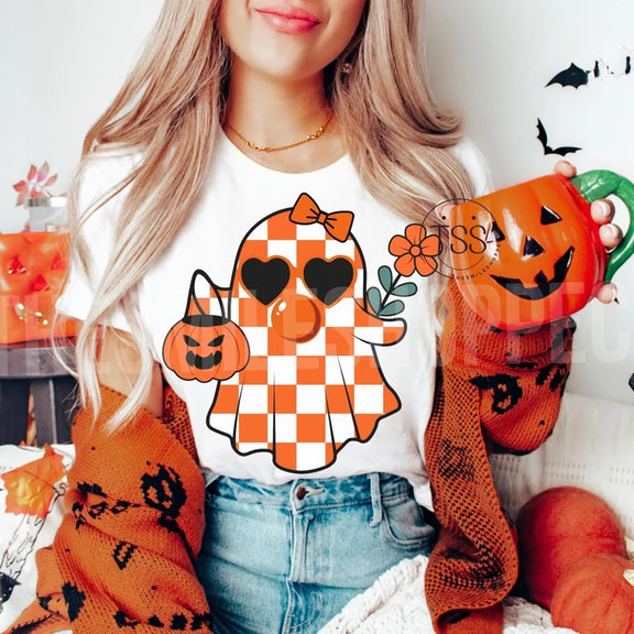 Z Halloween - White and orange checkered ghost - real glitter